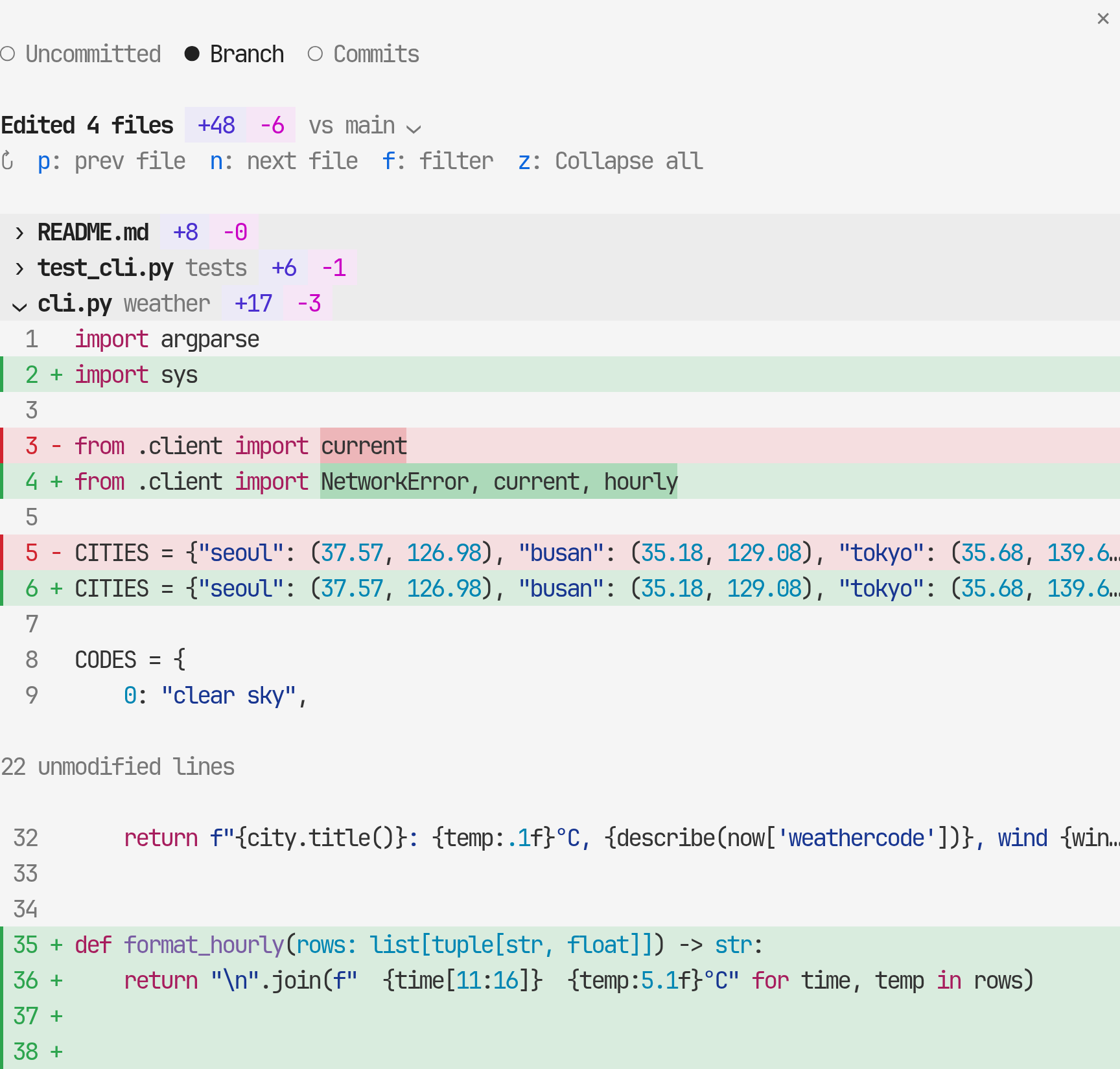 The /desk-diff pane in Branch scope: files folded or expanded, with syntax and word highlighting