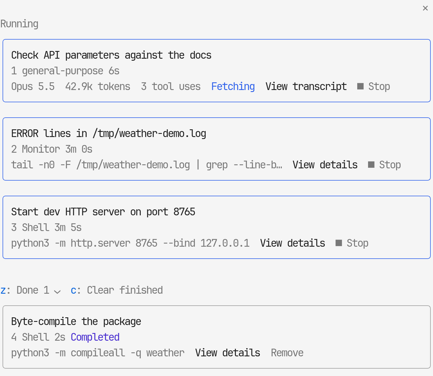 The /desk-tasks pane: a running agent, monitor and background shell, and a finished shell under Done